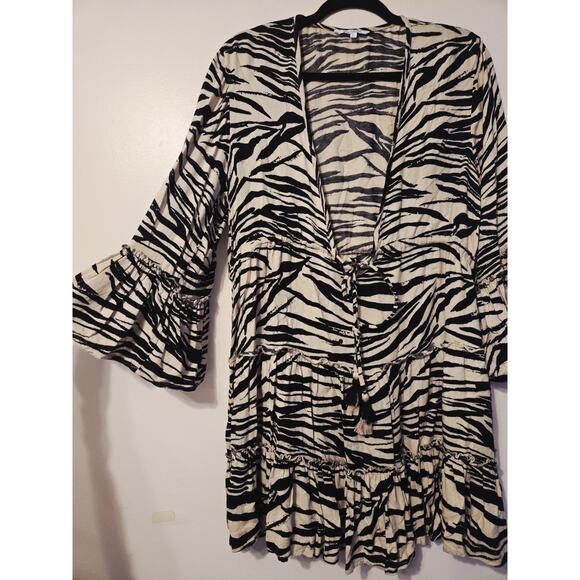 Blue Island Sz L Beige Black Zebra Print Striped Swimsuit Cover-up Beach Vacatio - Picture 3 of 9